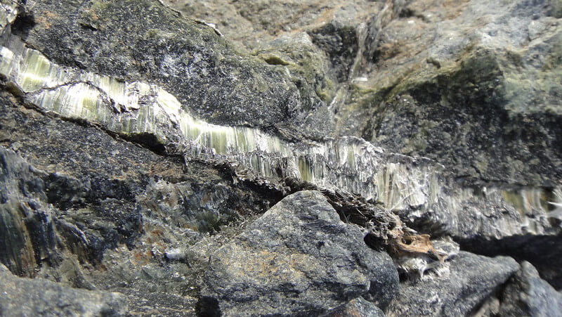 Fibrous weathered chrysotile asbestos seam in rock.